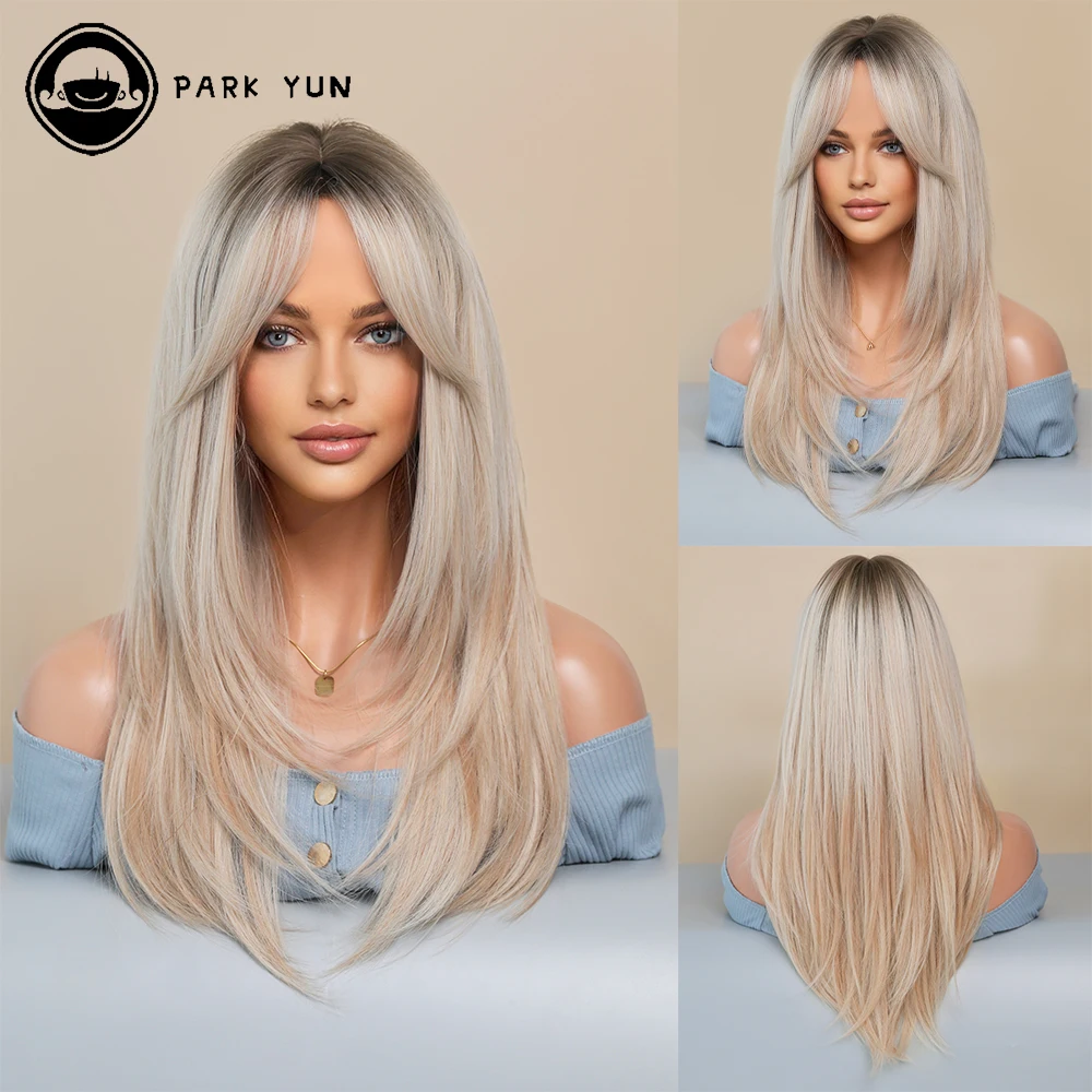 Perruque Longue Blonde Ondulée avec Frange pour Femme