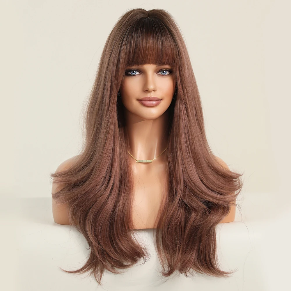 Perruque Longue Droite Rose Ombrée Marron pour Femme - 10