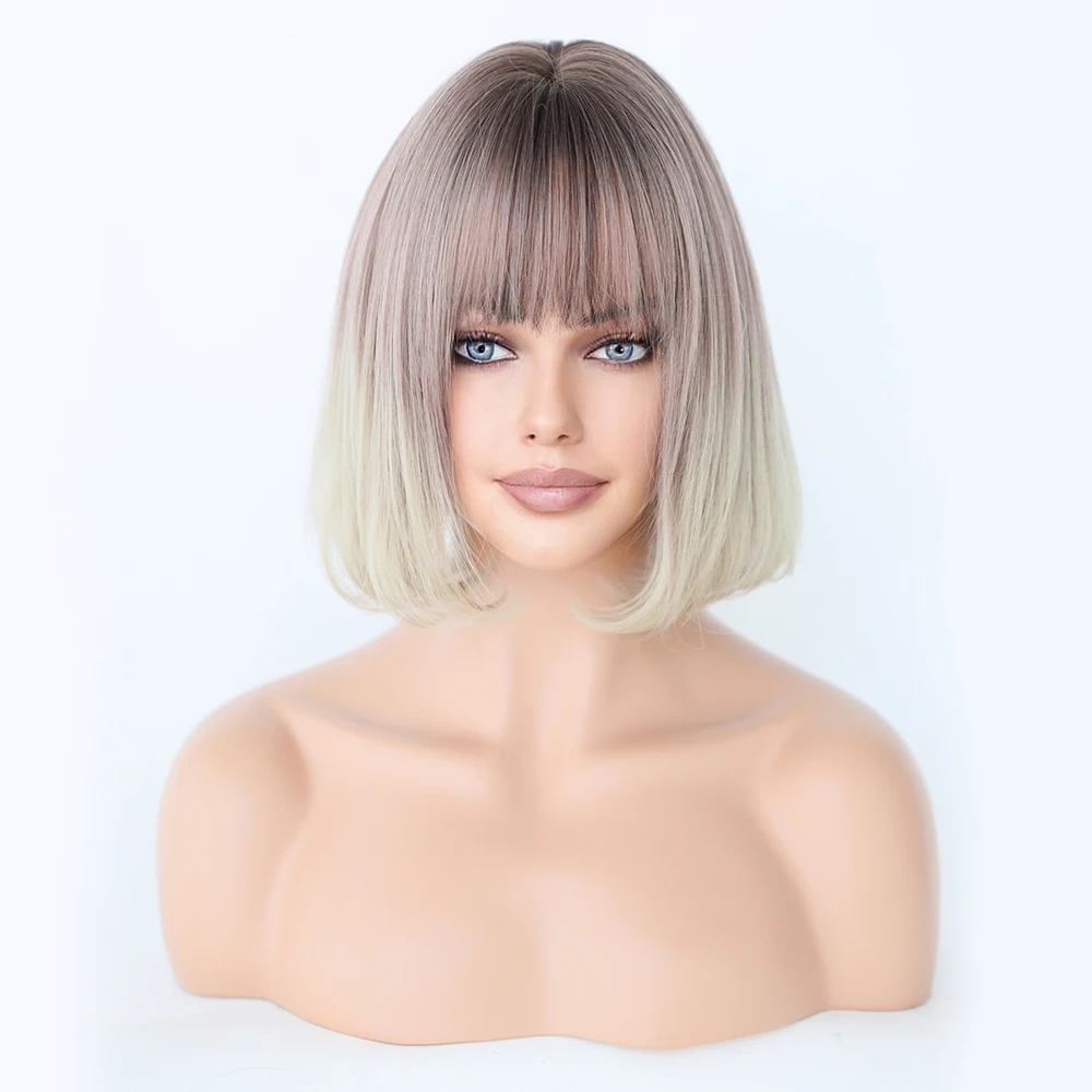 Perruque Courte Bob Ombre Blond et Brun Rose - 2