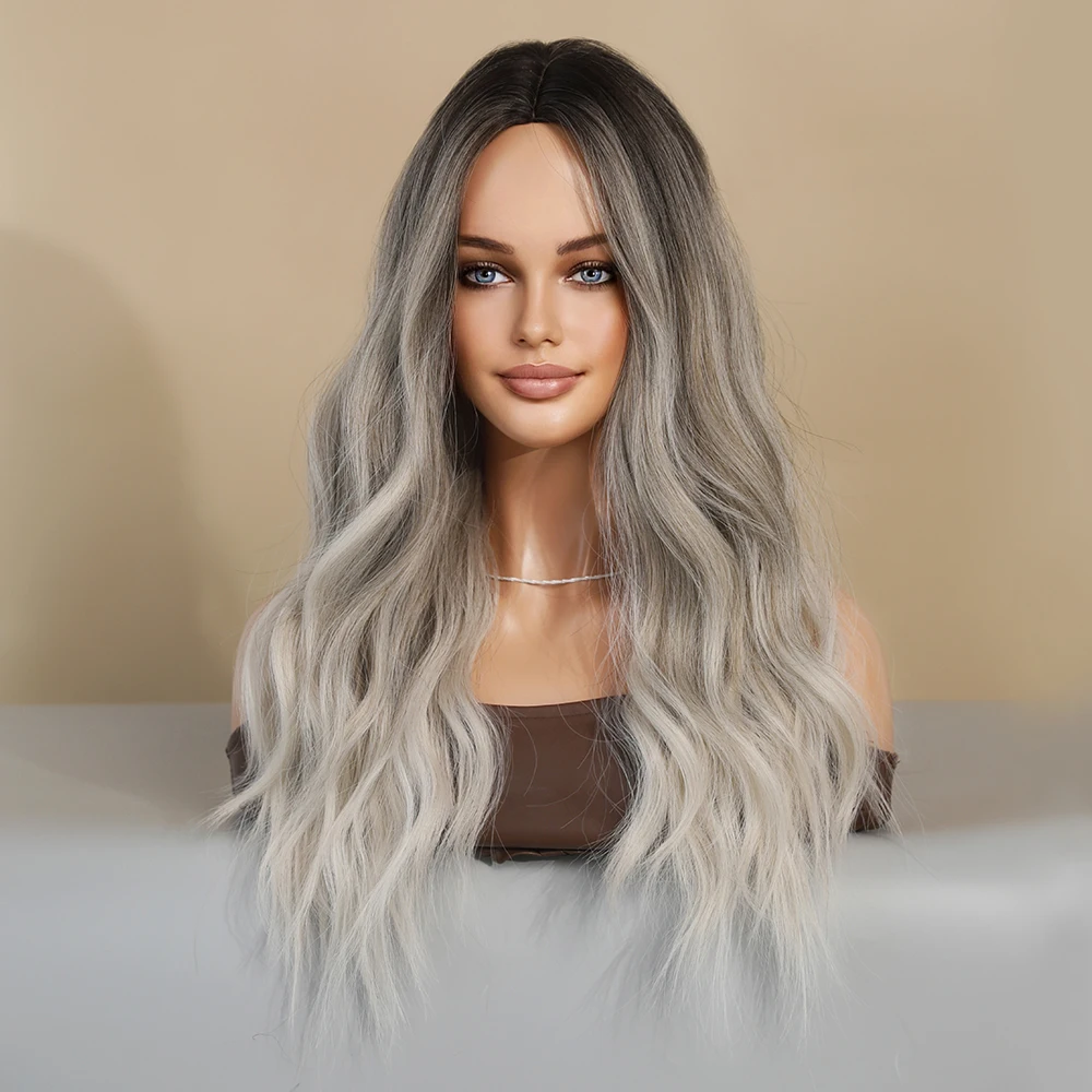 Perruque Ondulée Longue Ombrée Marron et Beige pour Femme - 15
