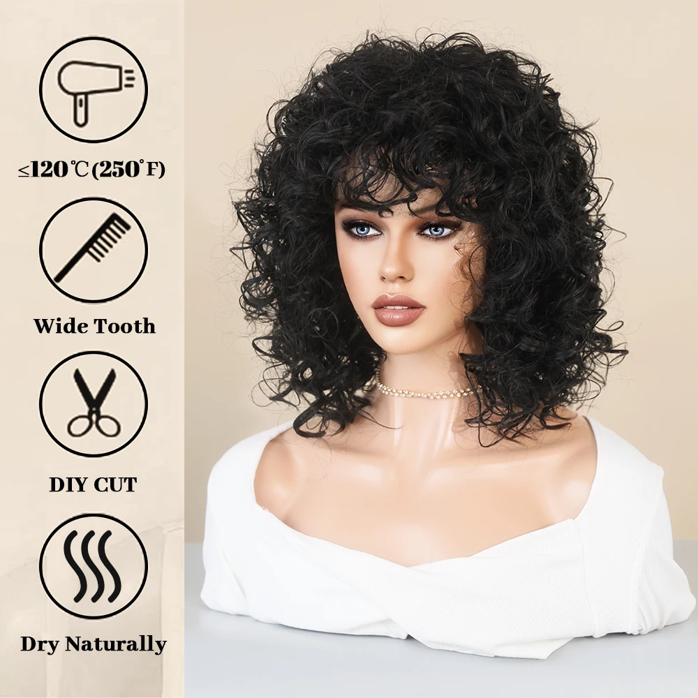 Perruque Courte Bouclée Noire Naturelle pour Femme - 3