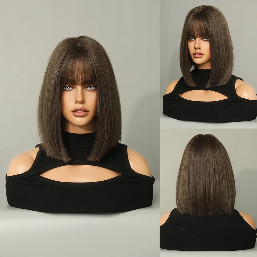Perruque Courte Droite Beige et Noire pour Femme - 8