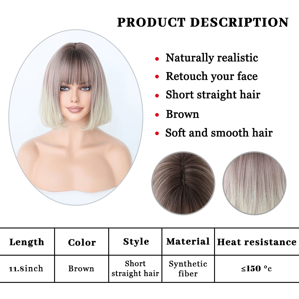 Perruque Courte Bob Ombre Blond et Brun Rose - 5