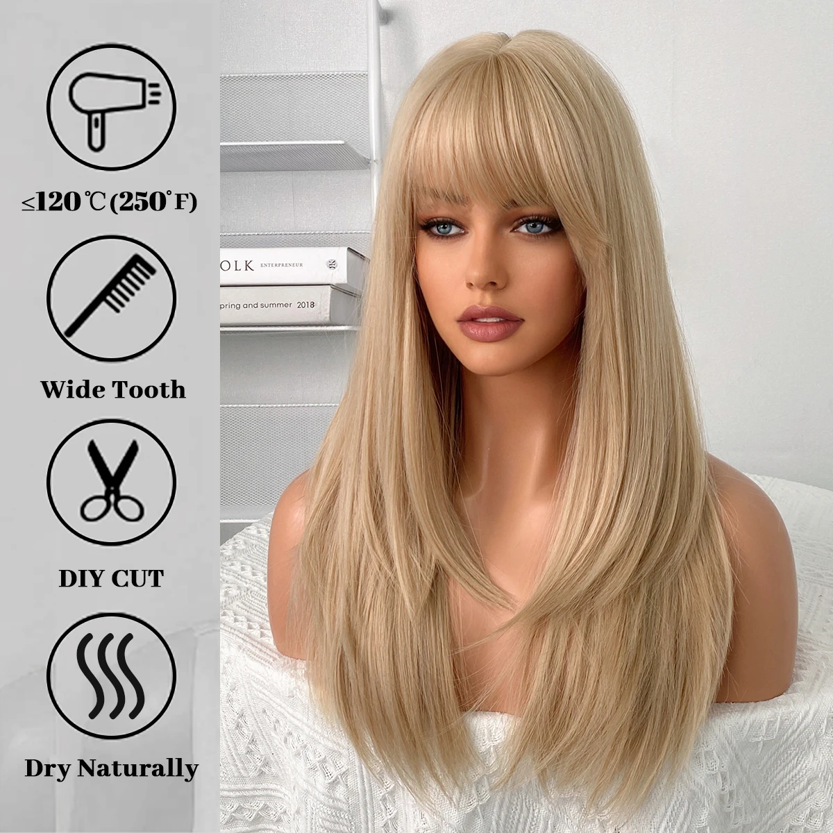 Perruque Blonde Longue Ondulée avec Frange pour Femme - 3