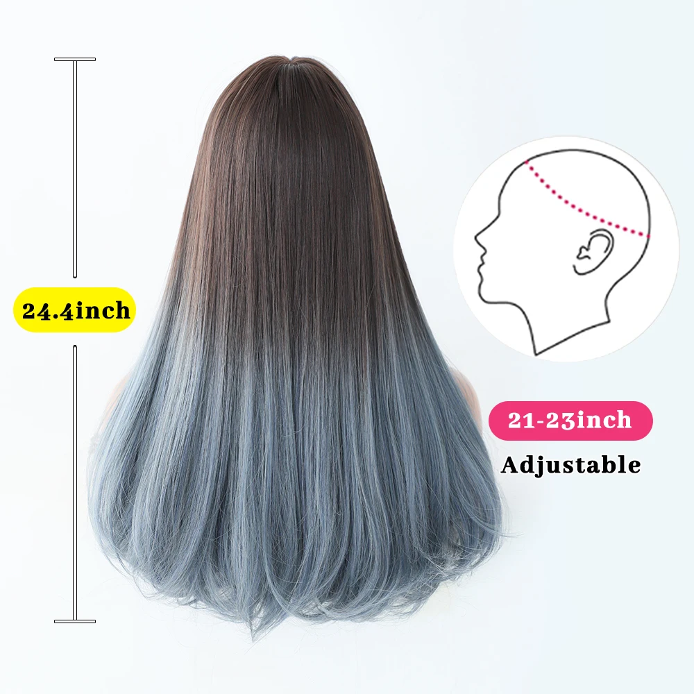 Perruque Longue Droite Ombrée Marron et Bleu pour Femme - 5