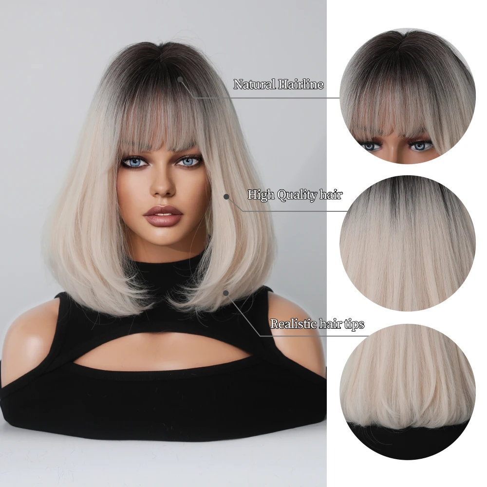 Perruque Courte Droite Beige et Noire pour Femme - 4
