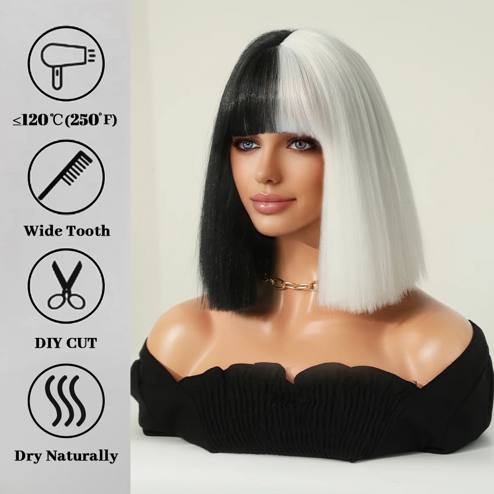 Perruque Courte Noire et Blanche pour Femme avec Frange - 3