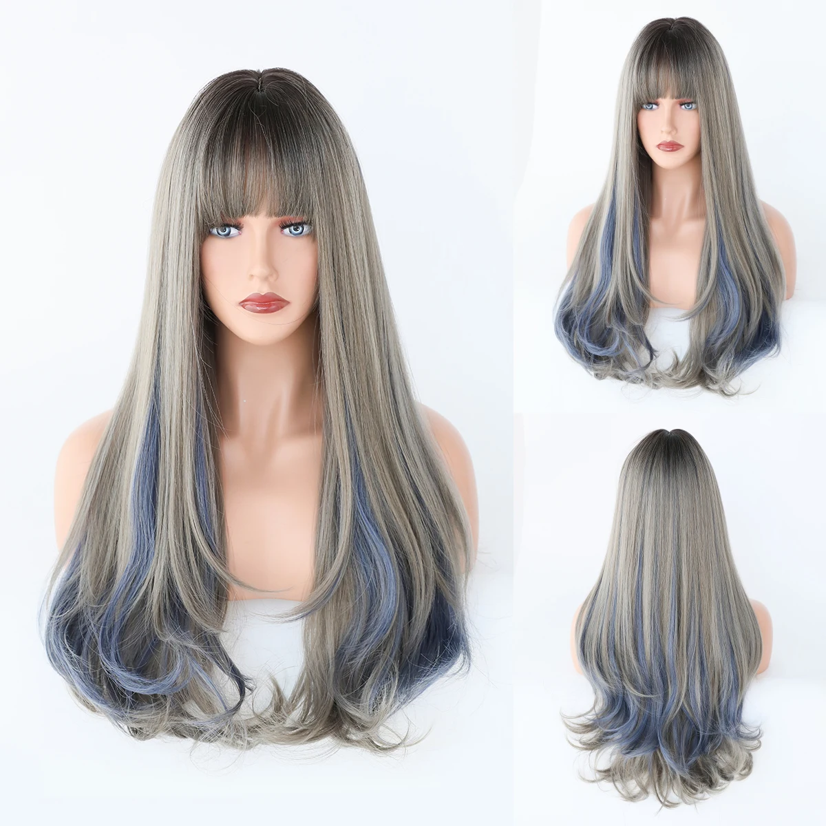 Perruque Longue Droite Bleue pour Femme - 9