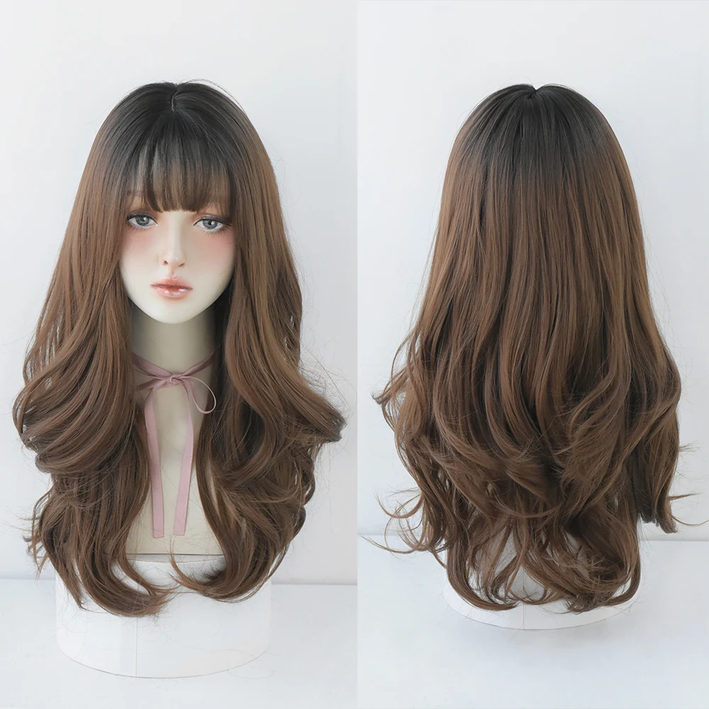 Perruque Longue Bouclée Brun Noir Rose pour Femme - 33