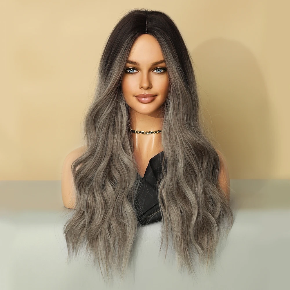 Perruque Ondulée Longue Ombrée Marron et Beige pour Femme - 12