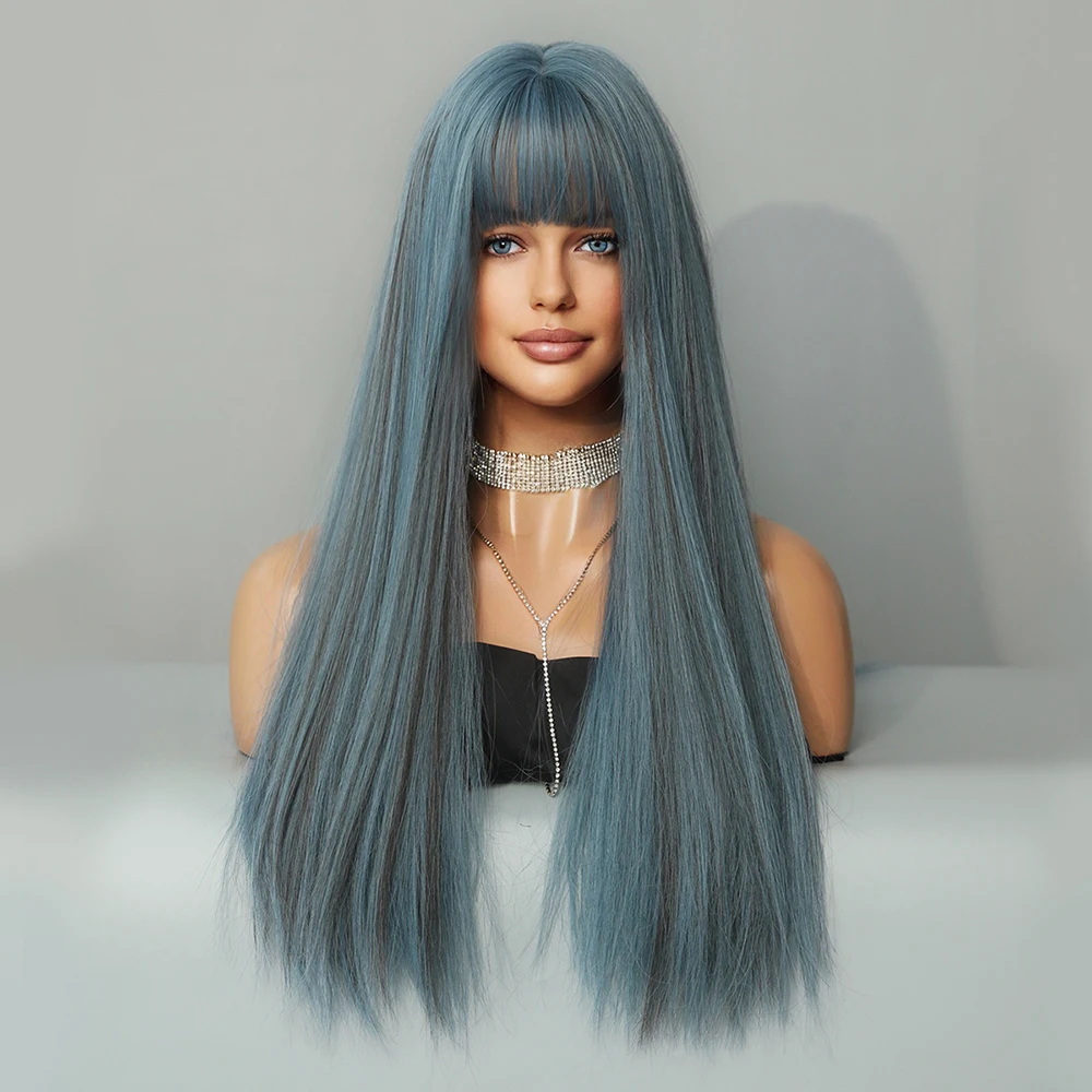 Perruque Longue Droite Bleue pour Femme - 7