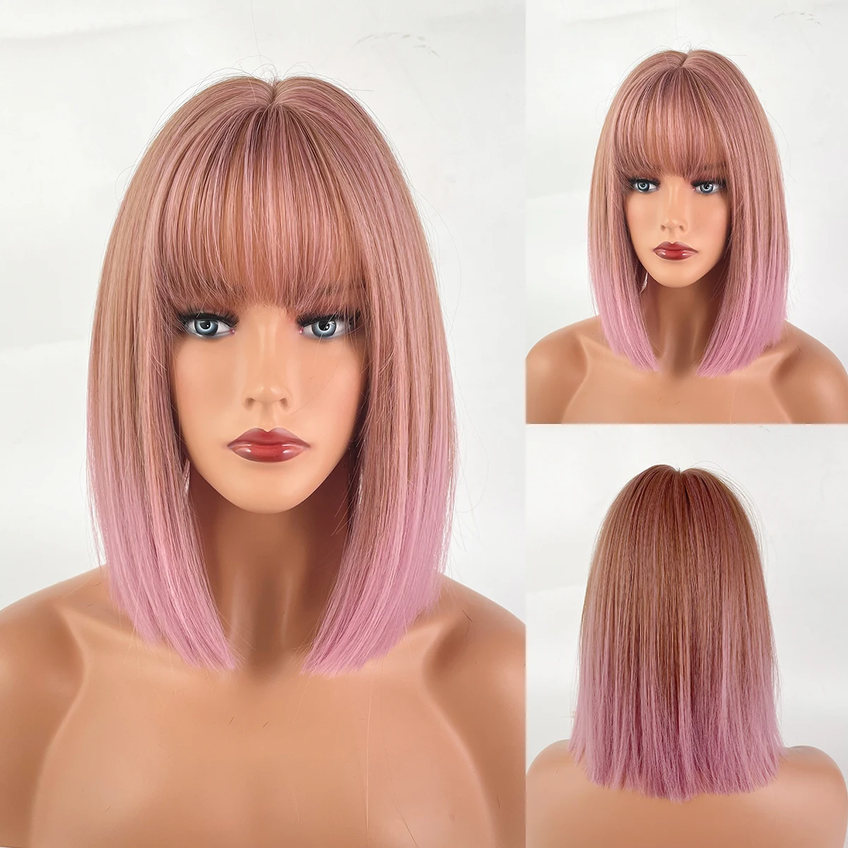 Perruque Courte Droite Beige et Noire pour Femme - 14