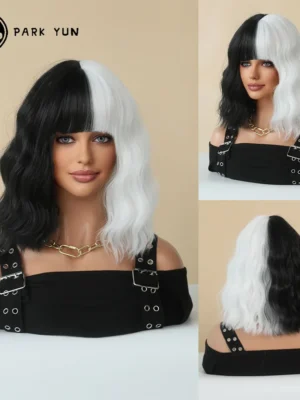 Perruque Bob Courte Ondulée Noir et Blanc pour Femme Perruque Bob Courte Ondulée Noir et Blanc pour Femme