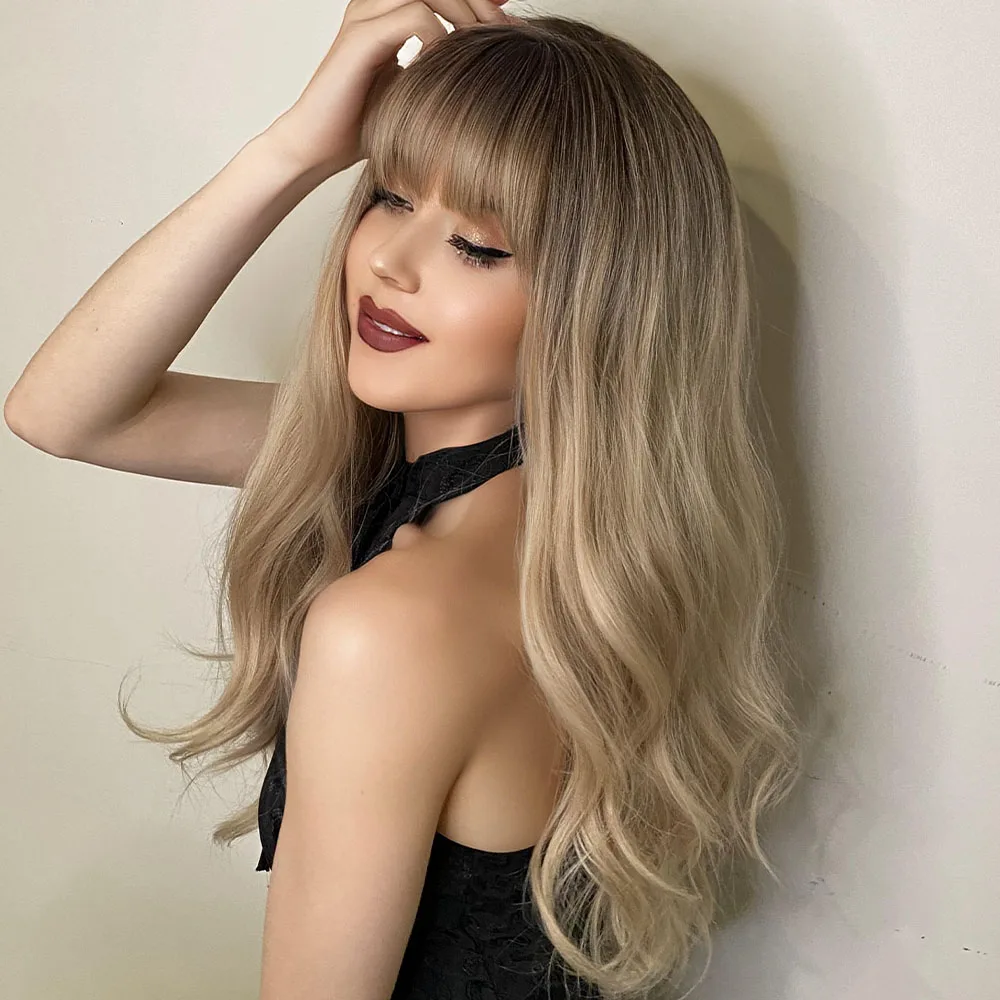 Perruque Blonde Longue Ondulée Naturelle avec Frange - 5
