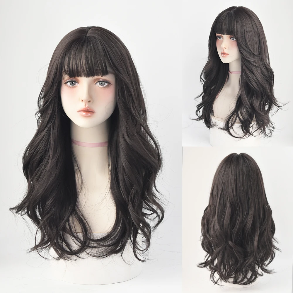 Perruque Longue Bouclée Brun Noir Rose pour Femme - 43