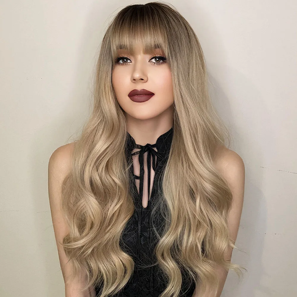 Perruque Blonde Longue Ondulée Naturelle avec Frange - 6
