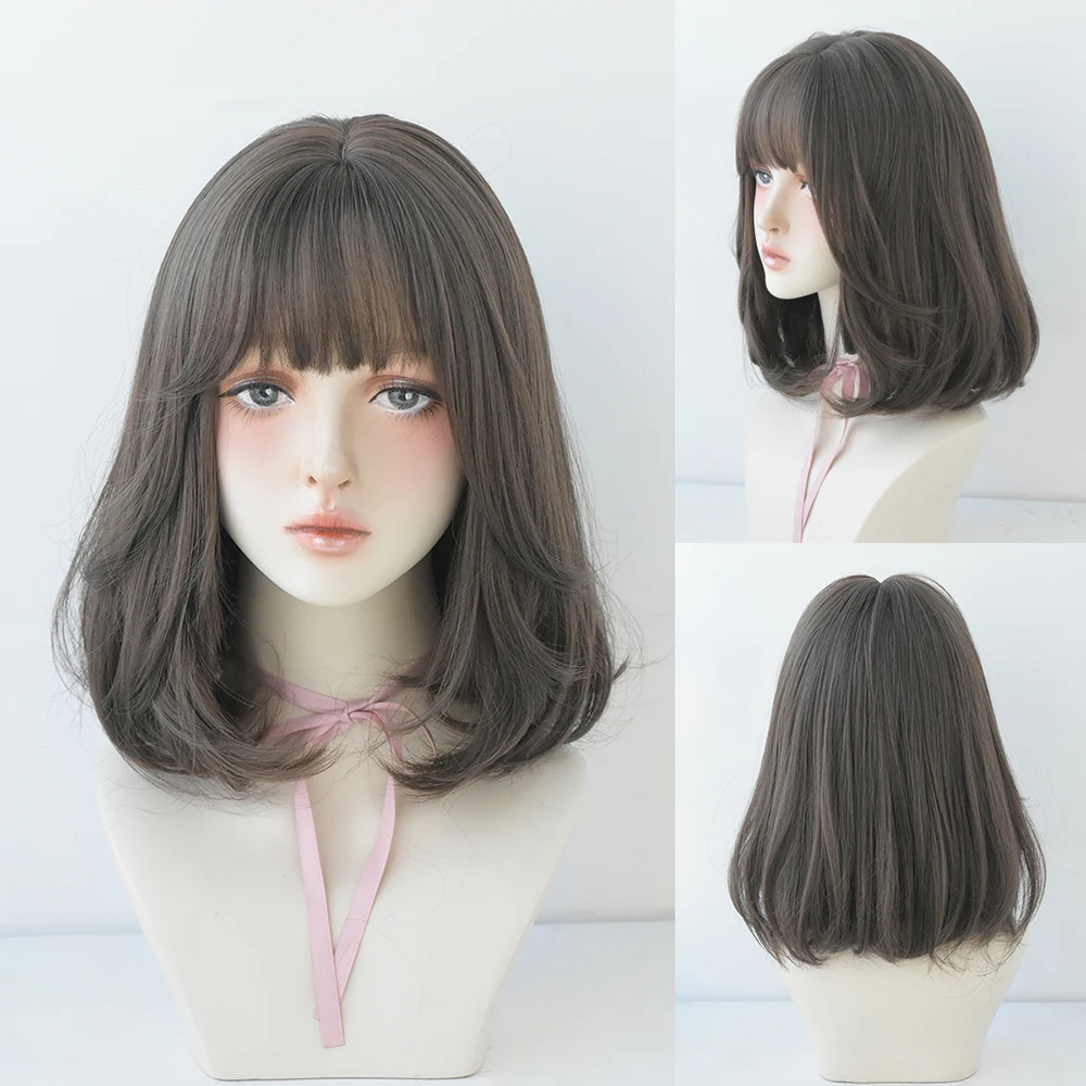 Perruque Courte Bob Droite Marron et Rose - 8
