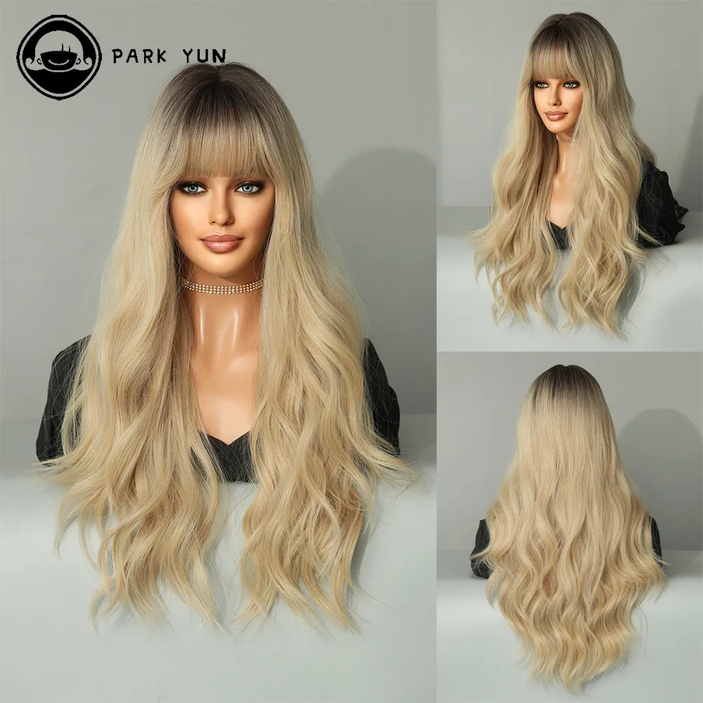 Perruque Femme Ombrée Blond Cendré avec Frange