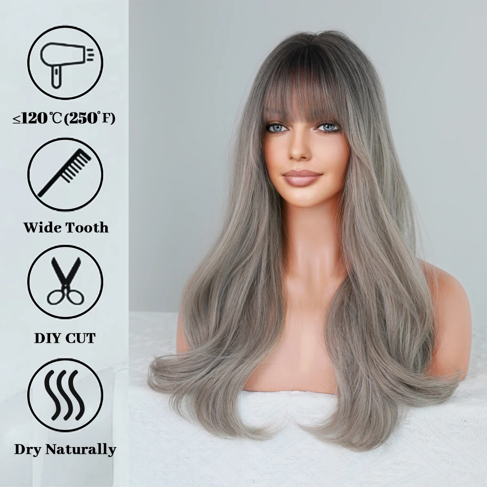 Perruque Longue Ondulée Gris Beige Ombré pour Femme - 2