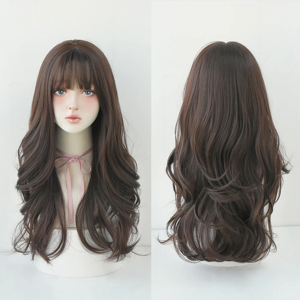 Perruque Longue Bouclée Brun Noir Rose pour Femme - 35