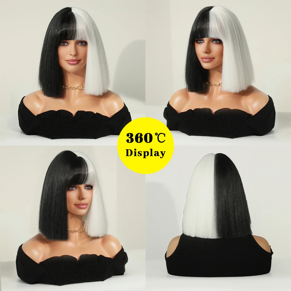 Perruque Courte Noire et Blanche pour Femme avec Frange - 2