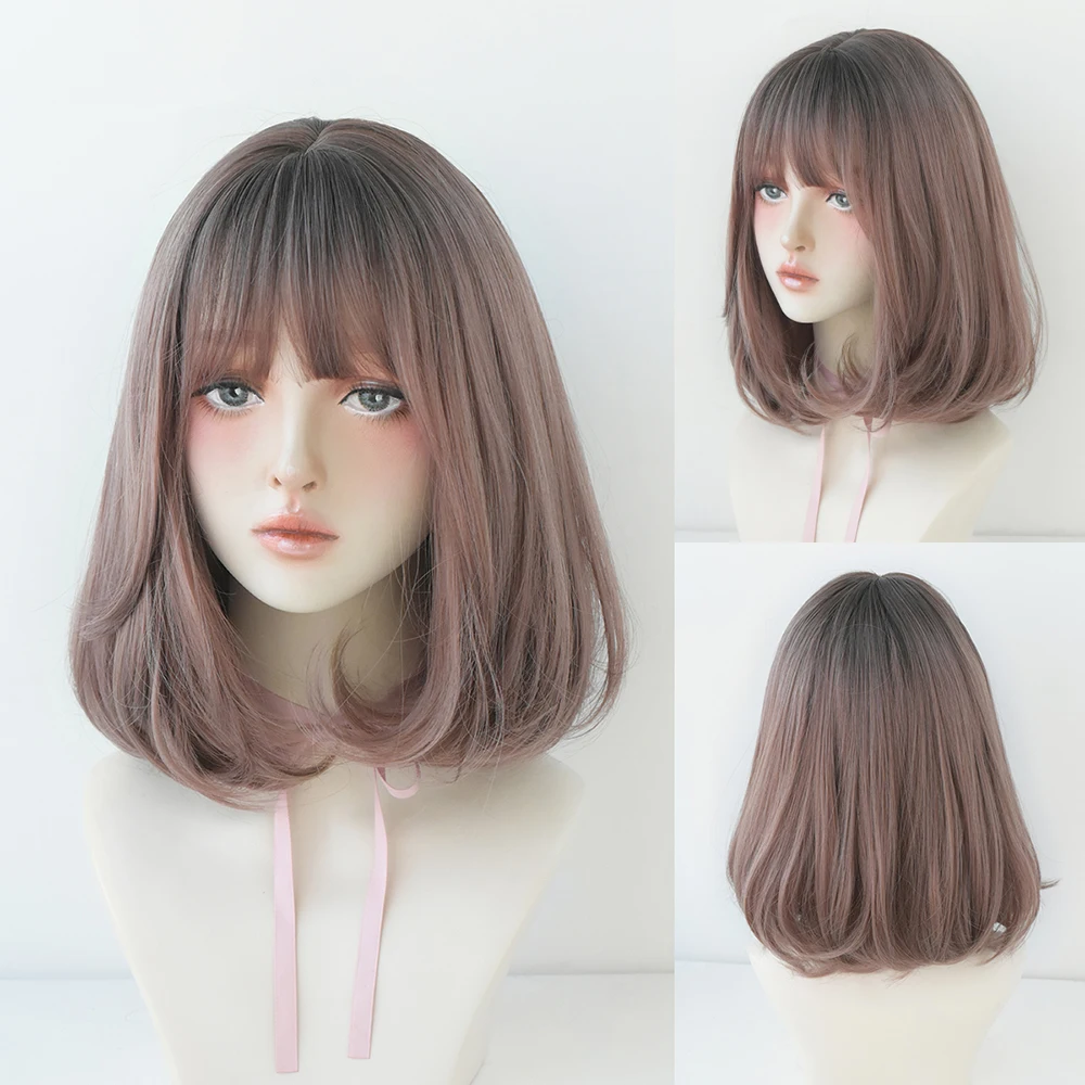 Perruque Courte Bob Droite Marron et Rose - 7