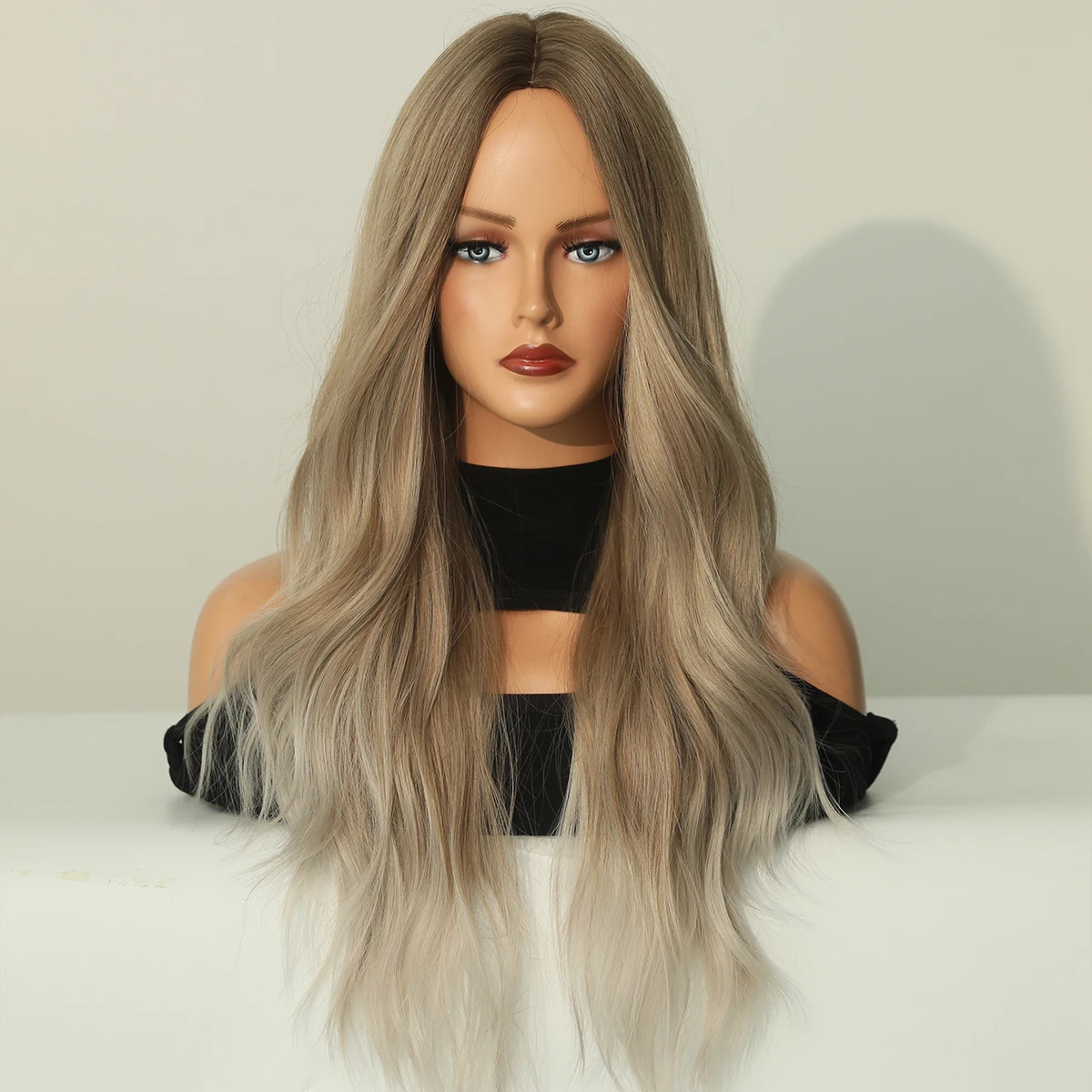 Perruque Ondulée Longue Ombrée Marron et Beige pour Femme - 8