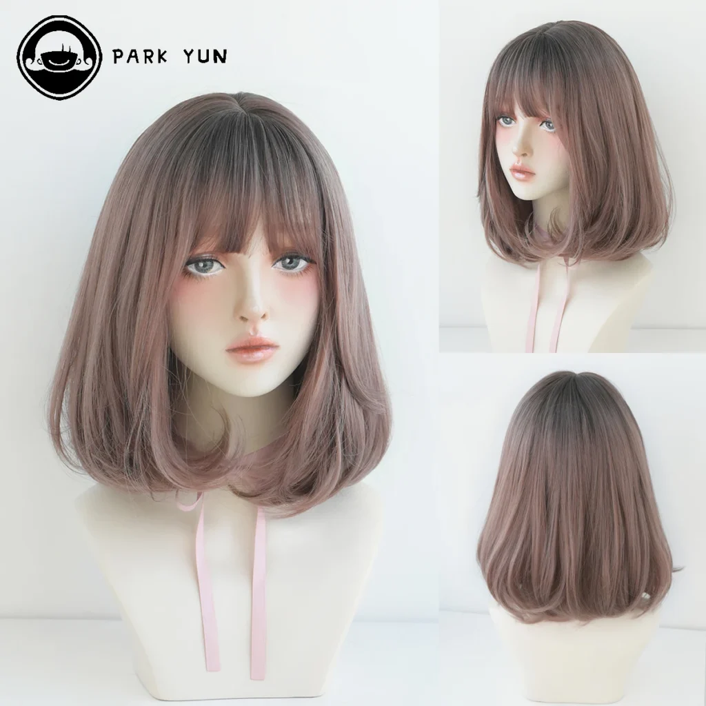 Perruque Courte Bob Droite Marron et Rose