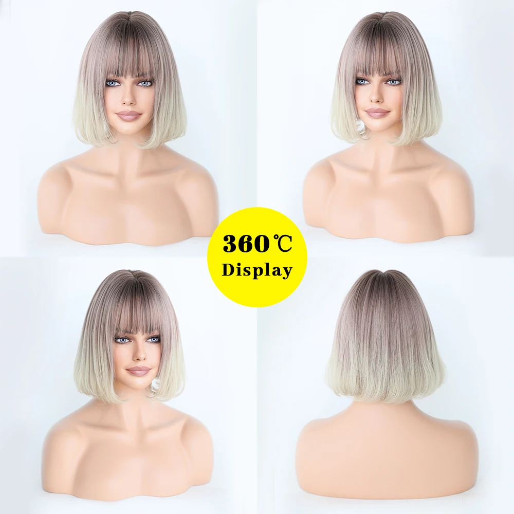 Perruque Courte Bob Ombre Blond et Brun Rose - 1