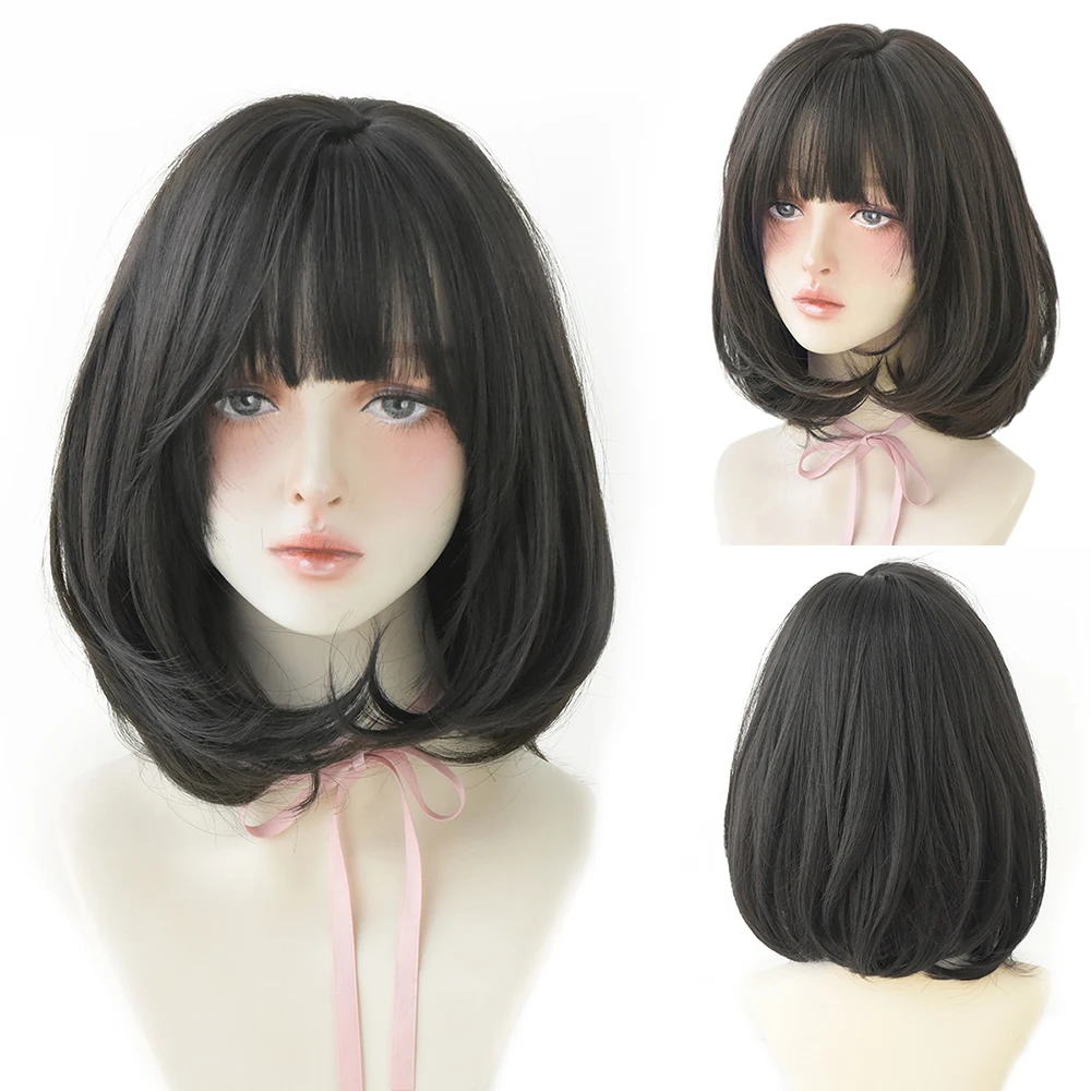 Perruque Courte Bob Droite Marron et Rose - 11