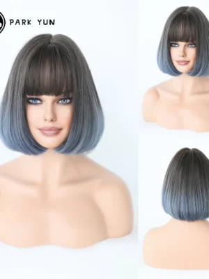 Perruque Courte Bob Bleu Grisâtre Ombré Marron avec Frange pour Femme Perruque Courte Bob Bleu Grisâtre Ombré Marron avec Frange pour Femme