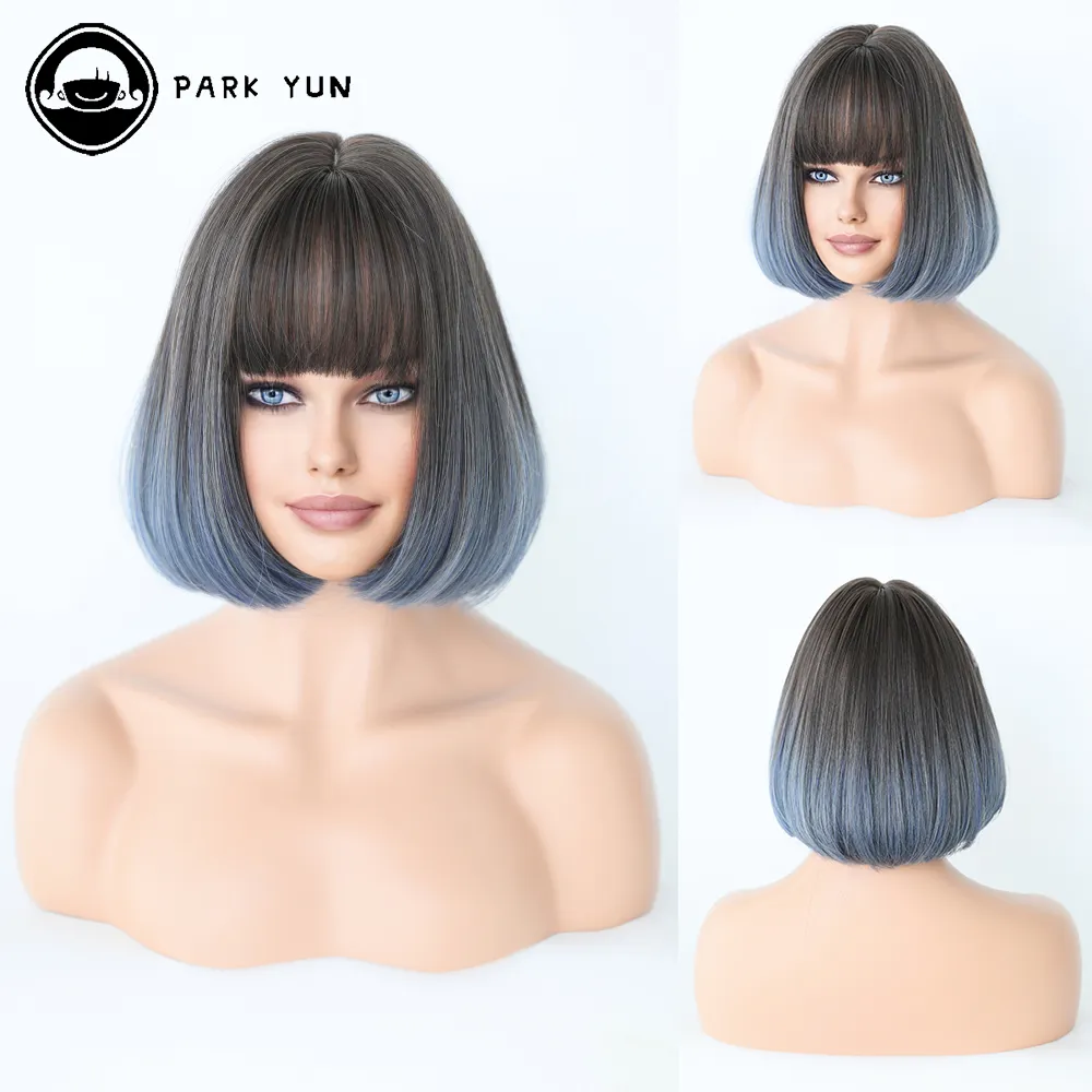 Perruque Courte Bob Bleu Grisâtre Ombré Marron avec Frange pour Femme