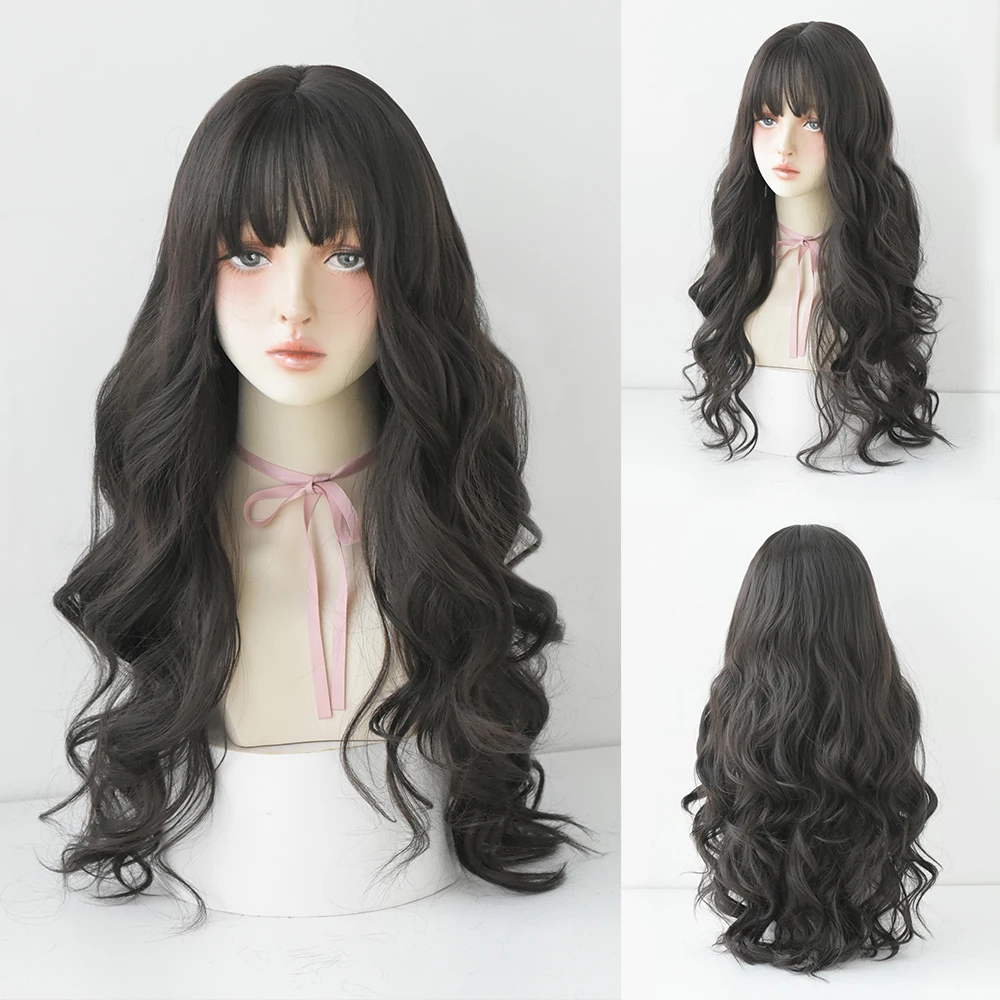 Perruque Longue Bouclée Brun Noir Rose pour Femme - 29