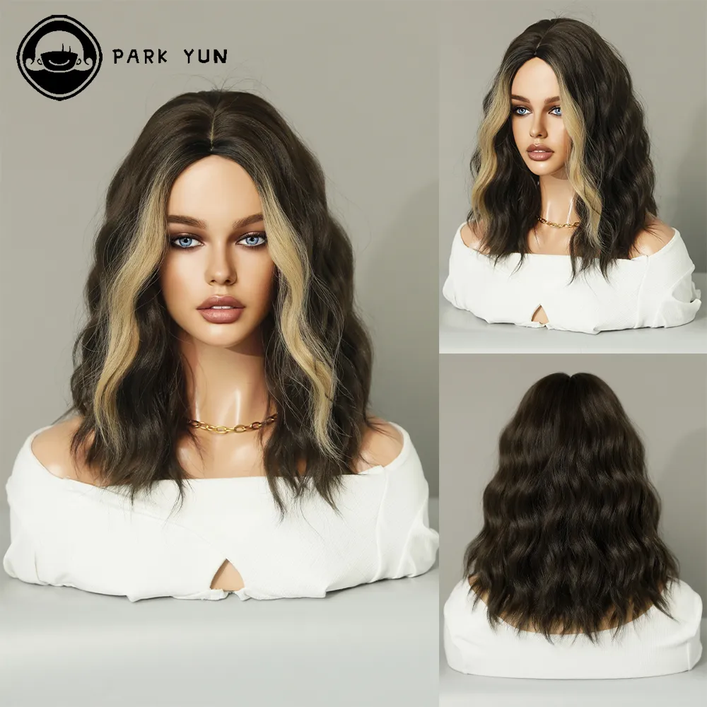 Perruque Courte Ondulée Noire et Beige pour Femme