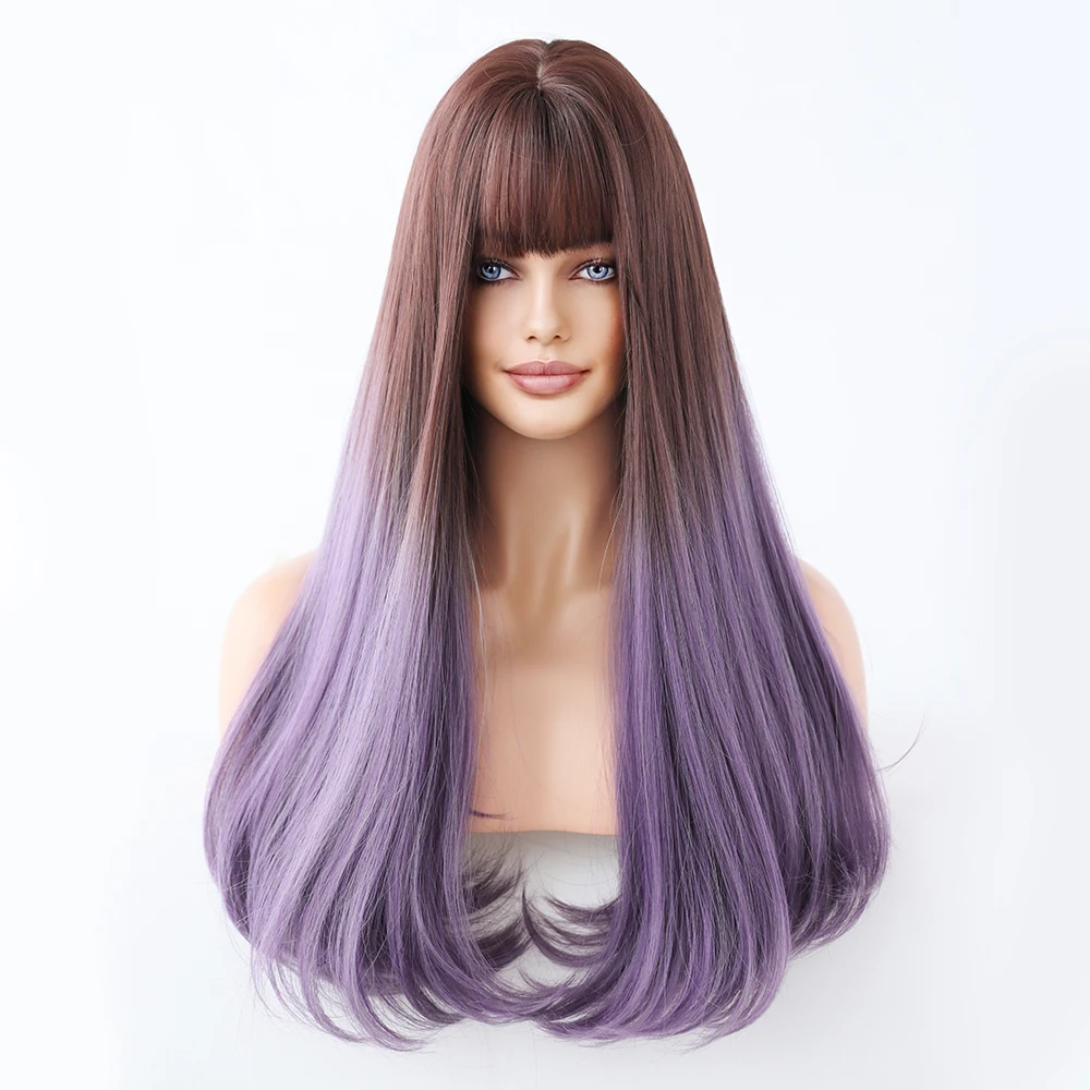 Perruque Longue Droite Rose Violet pour Femme - 8