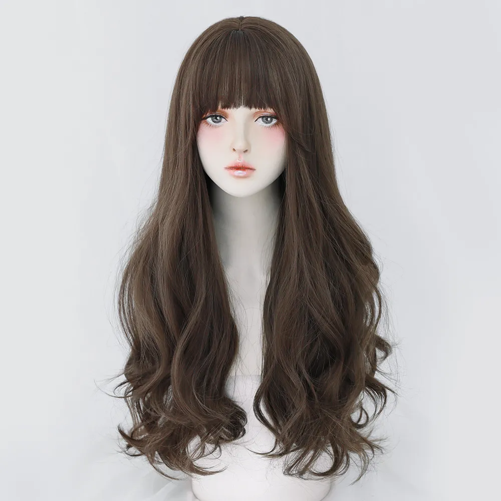 Perruque Longue Bouclée Brun Noir Rose pour Femme - 5