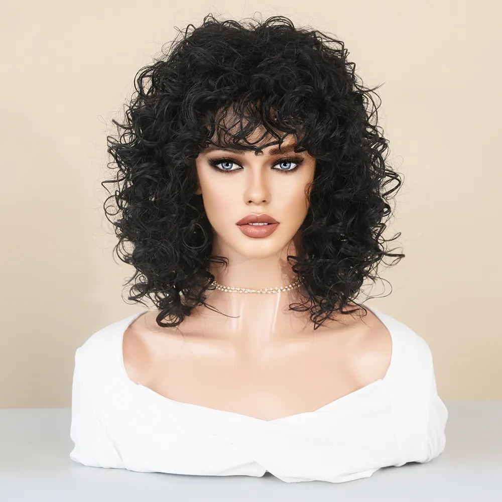 Perruque Courte Bouclée Noire Naturelle pour Femme - 6