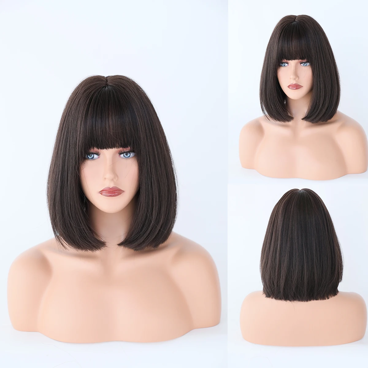 Perruque Courte Noire et Blanche pour Femme avec Frange - 11