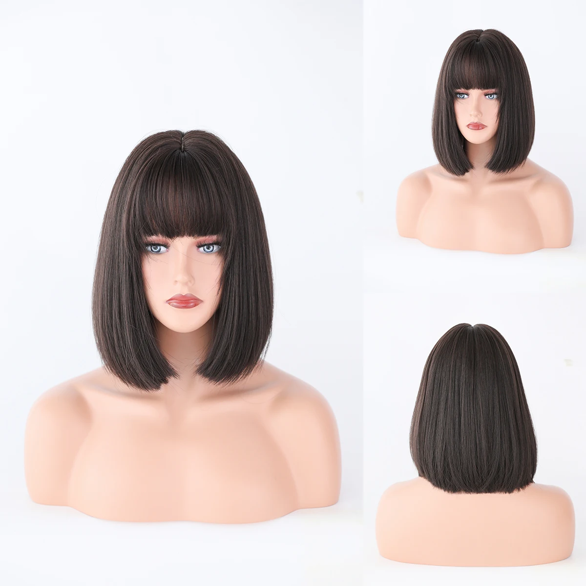 Perruque Courte Noire et Blanche pour Femme avec Frange - 13