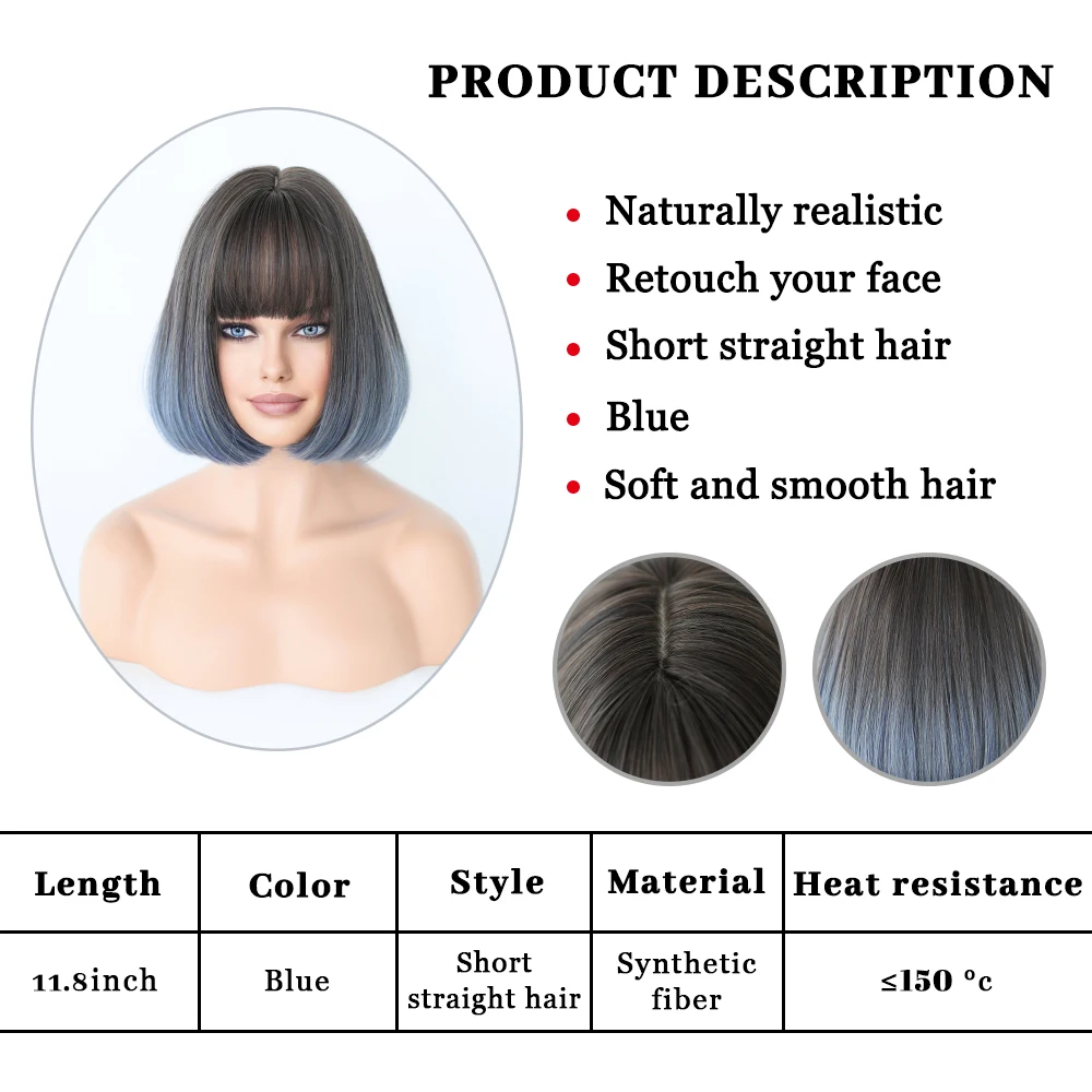 Perruque Courte Bob Bleu Grisâtre Ombré Marron avec Frange pour Femme - 5