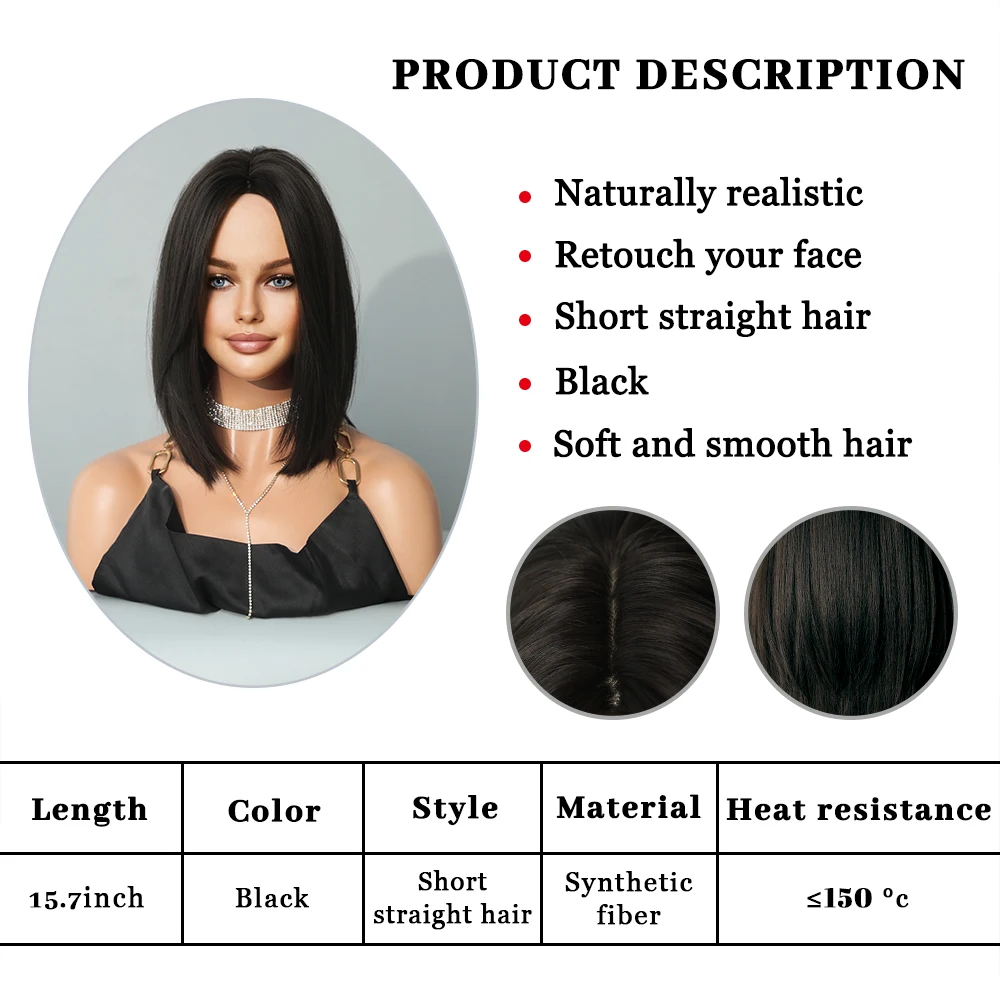 Perruque Noire Courte Droite pour Femmes - 5