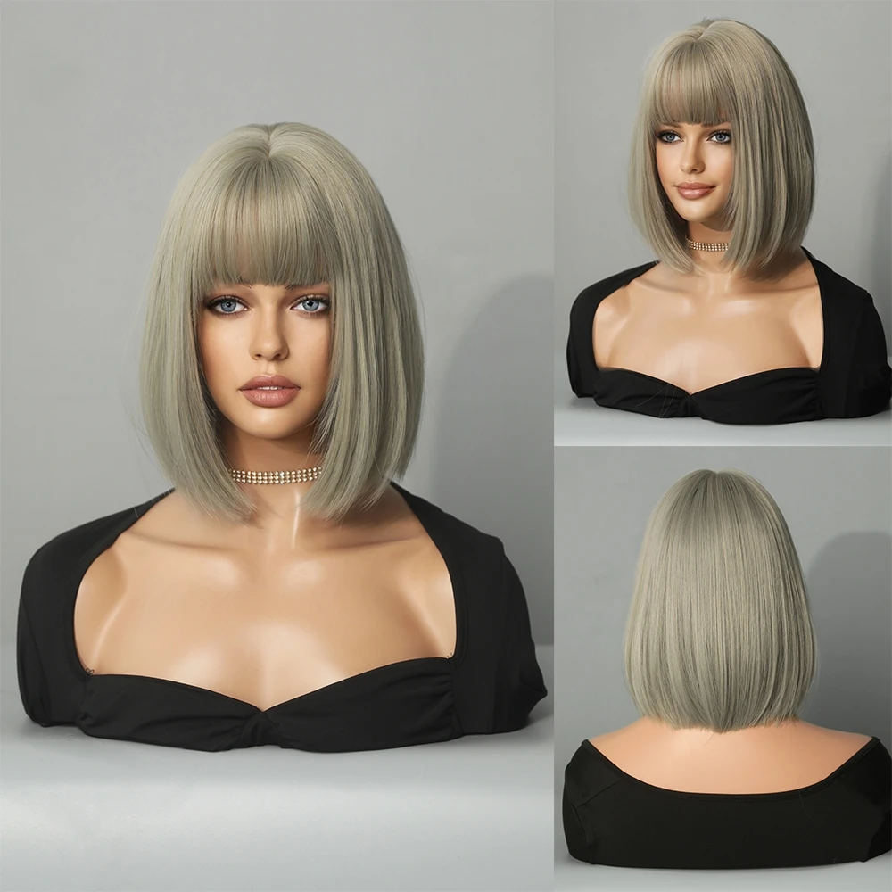 Perruque Courte Droite Beige et Noire pour Femme - 9