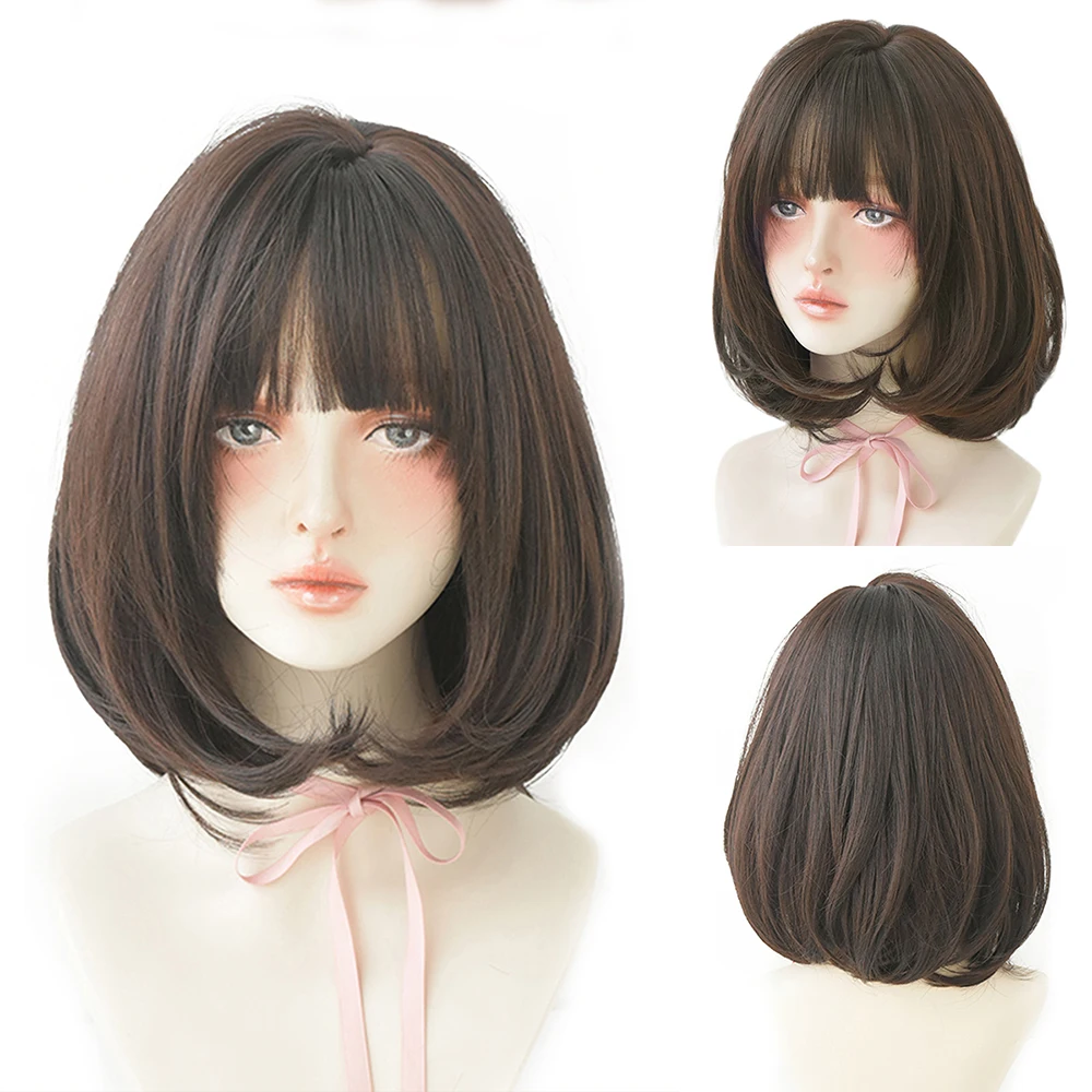 Perruque Courte Bob Droite Marron et Rose - 13