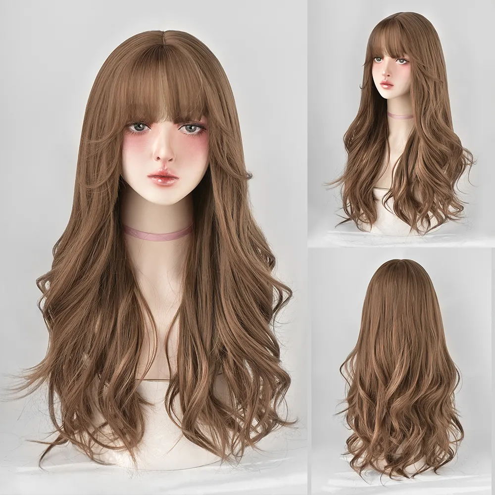 Perruque Longue Bouclée Brun Noir Rose pour Femme - 46