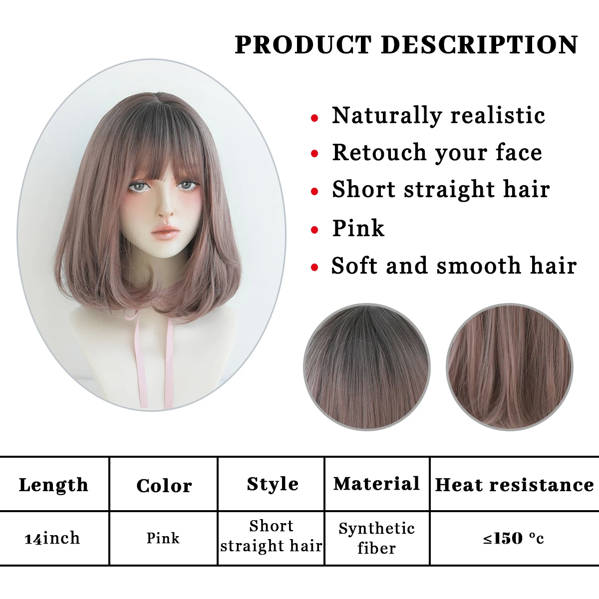 Perruque Courte Bob Droite Marron et Rose - 2