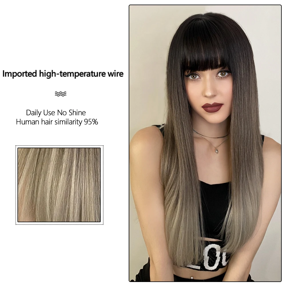 Perruque Longue Droite Blonde avec Frange - 3