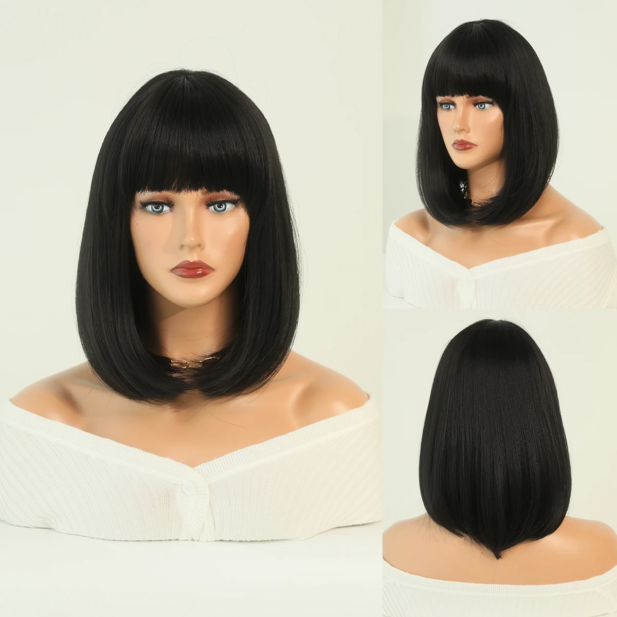 Perruque Courte Droite Beige et Noire pour Femme - 13