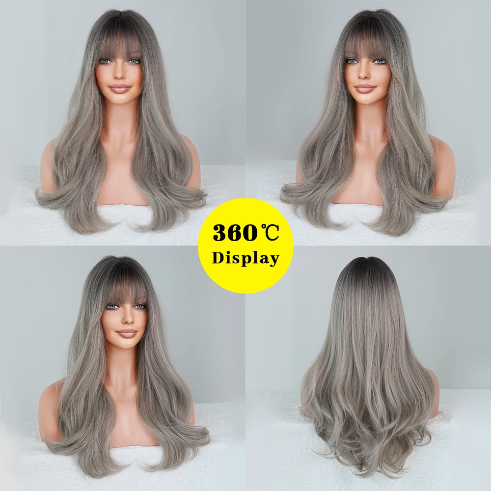 Perruque Longue Ondulée Gris Beige Ombré pour Femme - 1