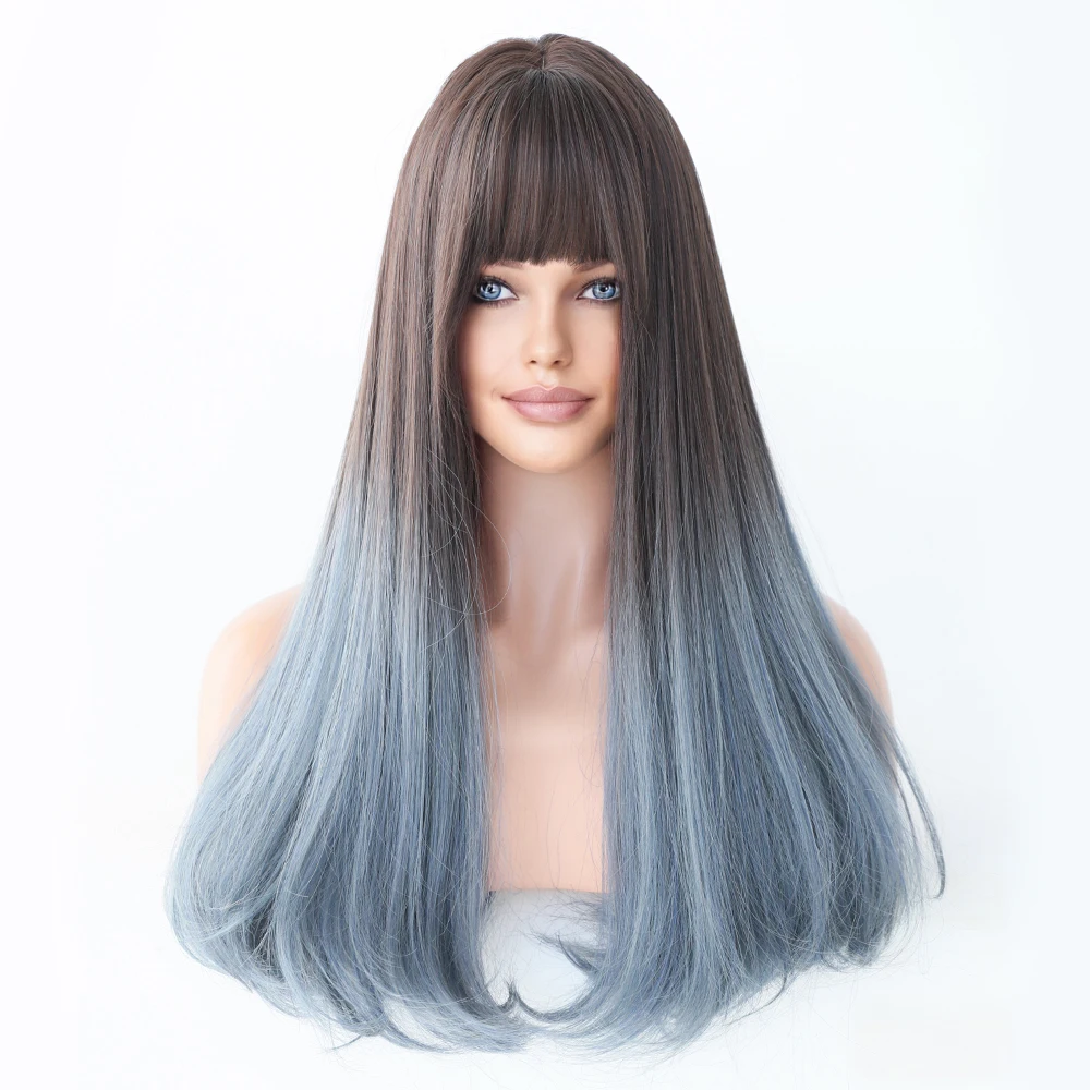 Perruque Longue Droite Ombrée Marron et Bleu pour Femme - 1