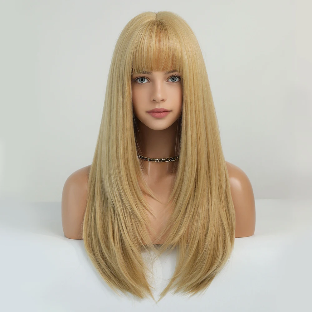 Perruque Longue Blonde Ondulée avec Frange pour Femme - 12